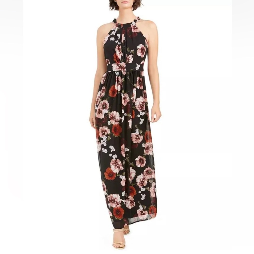 INC International Concepts Floral Black & Multicolored Halter Neck Maxi -Reemoly